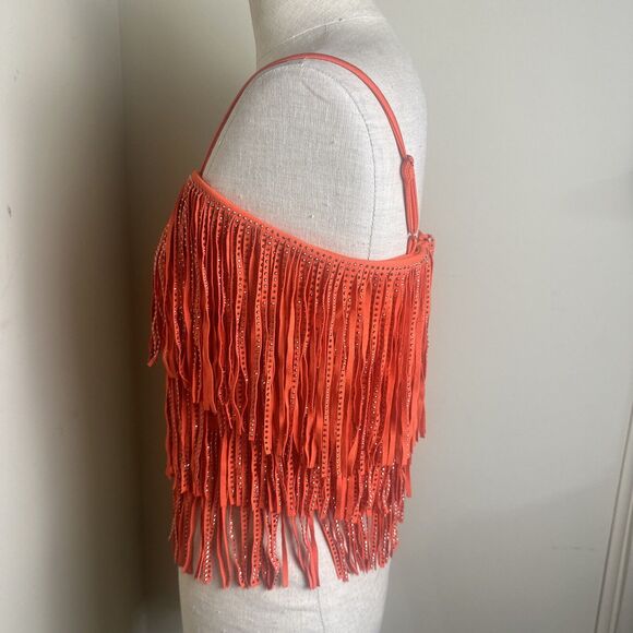 Sterling and Stitch Orange Silver Studded Fringe Stretch Halter Top Sz Small EUC - Picture 7 of 8